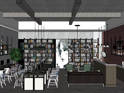 Public Office Space With Bookshelves Sofa Tables Chairs And Decorative Painting 3d model