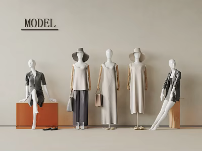 Fashionable Clothes Display On Mannequins With Dresses Tops Handbags And Shoes 3d model