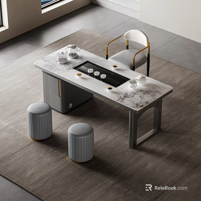 Modern Tea Table And Chair Set With Marble Tabletop Gray Stools Golden Armrest 3d model