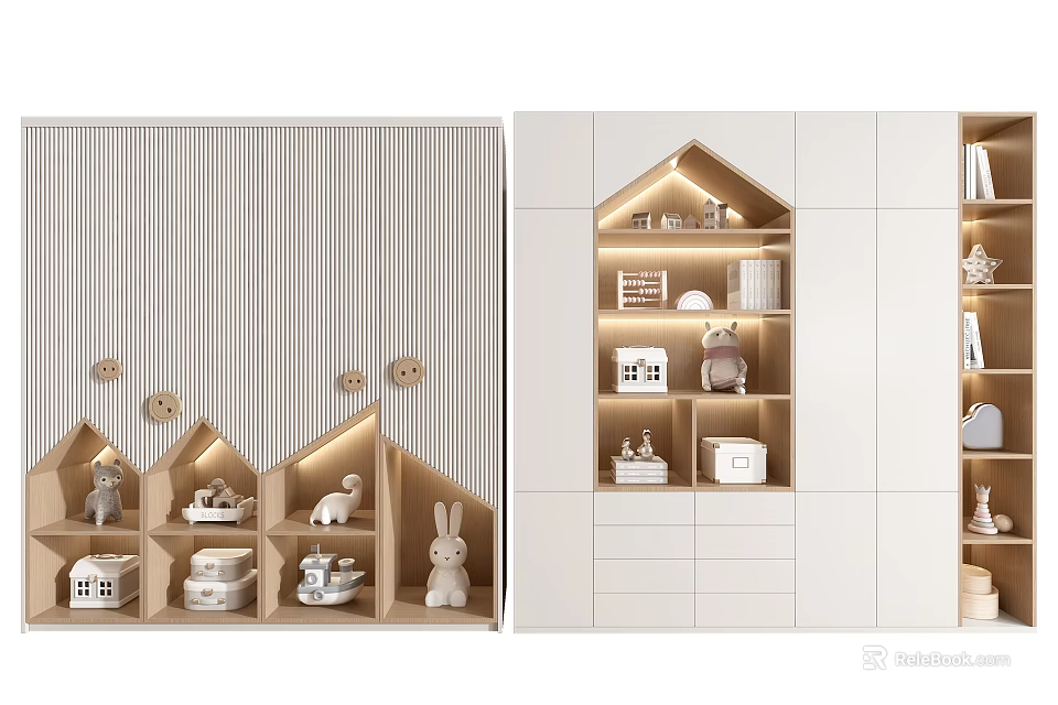 Modern Decorative Cabinet With House Shaped Compartments LED Lighting And Small Figurines 3d model 