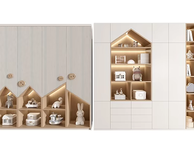 Modern Decorative Cabinet With House Shaped Compartments LED Lighting And Small Figurines 3d model