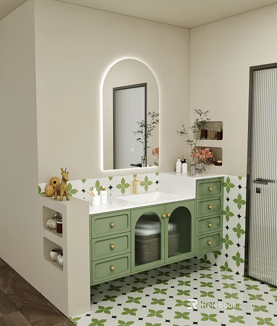 Green Modern Bathroom Cabinet With Gold Handles LED Mirror And Geometric Tile Backsplash 3d model 