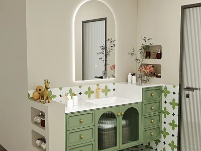 Green Modern Bathroom Cabinet With Gold Handles LED Mirror And Geometric Tile Backsplash 3d model