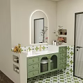Green Modern Bathroom Cabinet With Gold Handles LED Mirror And Geometric Tile Backsplash
