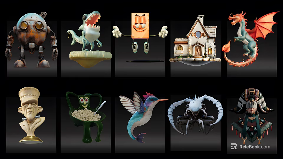 Decorative Ornament Set Featuring Diverse Character Animal And House Figurines 3d model 