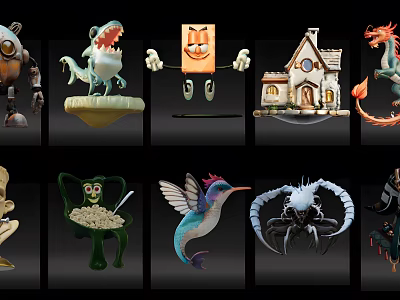 Decorative Ornament Set Featuring Diverse Character Animal And House Figurines 3d model