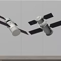 Two White Satellite Models With Solar Panels Against White Wall Background 3d model
