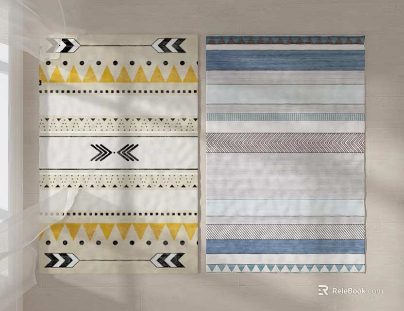 Stylish Square Rugs With Geometric Patterns And Striped Designs In Yellow Blue Gray White 3d model 