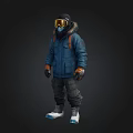 Person Wearing Blue Winter Jacket Hood Ski Goggles Backpack Dark Pants White Shoes