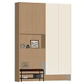 Modern Shoe Cabinet With Wooden Panels White Doors Open Shelf Drawer And Decorative Items