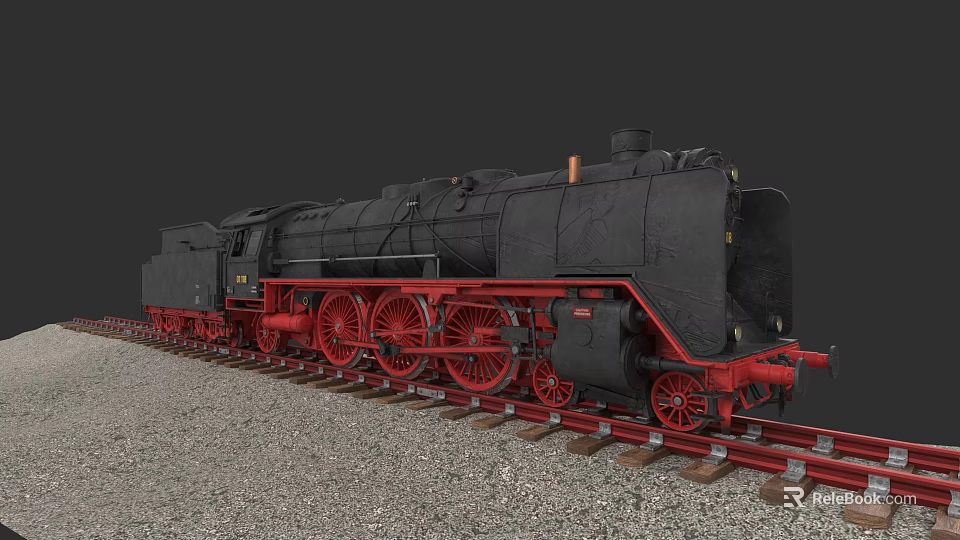 Detailed Classic Black Steam Train With Red Wheels On Railway Tracks 3d model 