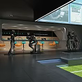 Modern White Car Showroom With Blue Sports Car Mannequin Display Cabinets And Modern Lighting