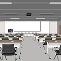 Modern School Classroom With Large Projection Screen Neatly Arranged Desks White Walls And Bright Lighting