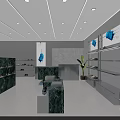 Modern Luxury Retail Store Interior With Green Marble Counters And Display Shelves