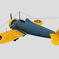 Blue and Yellow Vintage Biplane Fighter Aircraft with U.S. Star Insignia and American Flag Tail
