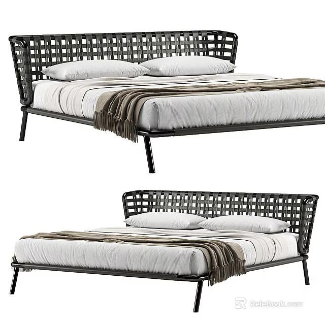 Modern Double Bed With Wicker Headboard Metal Frame And Striped Bedding 3d model 