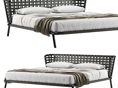 Modern Double Bed With Wicker Headboard Metal Frame And Striped Bedding 3d model