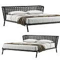 Modern Double Bed With Wicker Headboard Metal Frame And Striped Bedding 3d model