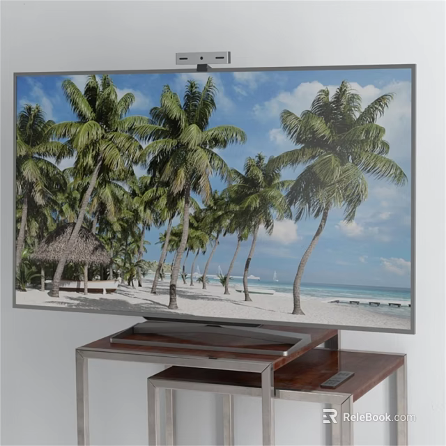 Sleek Modern Computer Monitor Showing Tropical Beach Scene on Wooden Desk 3d model 