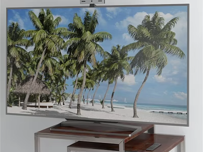 Sleek Modern Computer Monitor Showing Tropical Beach Scene on Wooden Desk 3d model