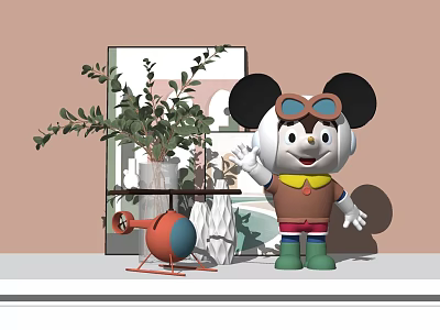 Decorative Ornament Set With Mickey Mouse Figurine Green Plant And Helicopter Model 3d model