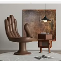 Unique Brown Sculptural Chair with Side Table Books Abstract Painting Pendant Lamp and Round Rug