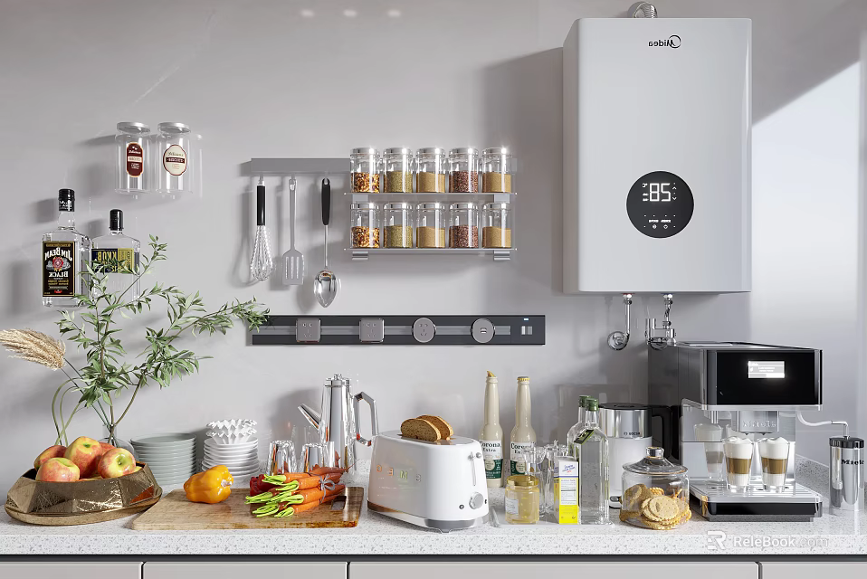 Organized Kitchen Countertop With Wall Mounted Spice Rack Utensil Holder Coffee Machine And Fresh Produce 3d model 
