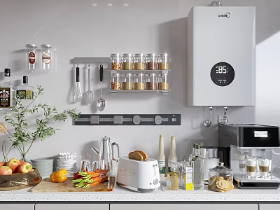 Organized Kitchen Countertop With Wall Mounted Spice Rack Utensil Holder Coffee Machine And Fresh Produce 3d model