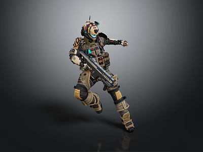Armored Character With Bear Head In Combat Gear Holding Futuristic Weapon Running Action Pose 3d model