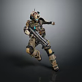 Armored Character With Bear Head In Combat Gear Holding Futuristic Weapon Running Action Pose