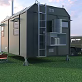 Green Mobile Camping Trailer With SUV Table Red Chairs On Grassland