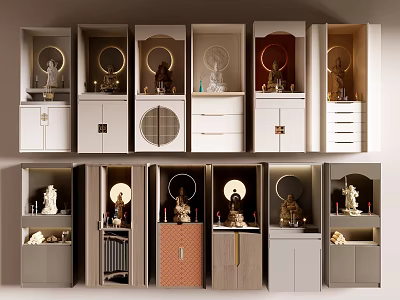 Traditional Buddha Shrine Cabinets With Statues And Decor 3d model
