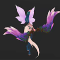 Fairy Character With Purple Pink Wings Blue Hair Floral Staff And Fox Tail Decorative Outfit