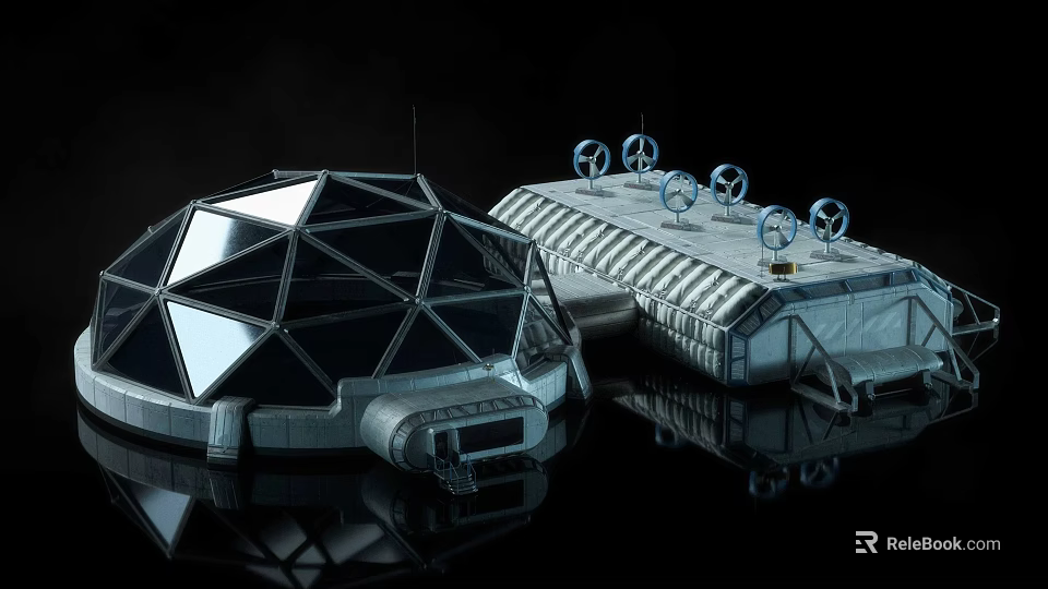 Futuristic Architectural Structures With Geodesic Dome Elongated Building And Circular Devices On Reflective Surface 3d model 