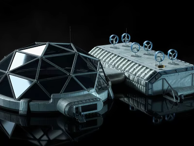 Futuristic Architectural Structures With Geodesic Dome Elongated Building And Circular Devices On Reflective Surface 3d model
