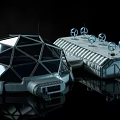 Futuristic Architectural Structures With Geodesic Dome Elongated Building And Circular Devices On Reflective Surface