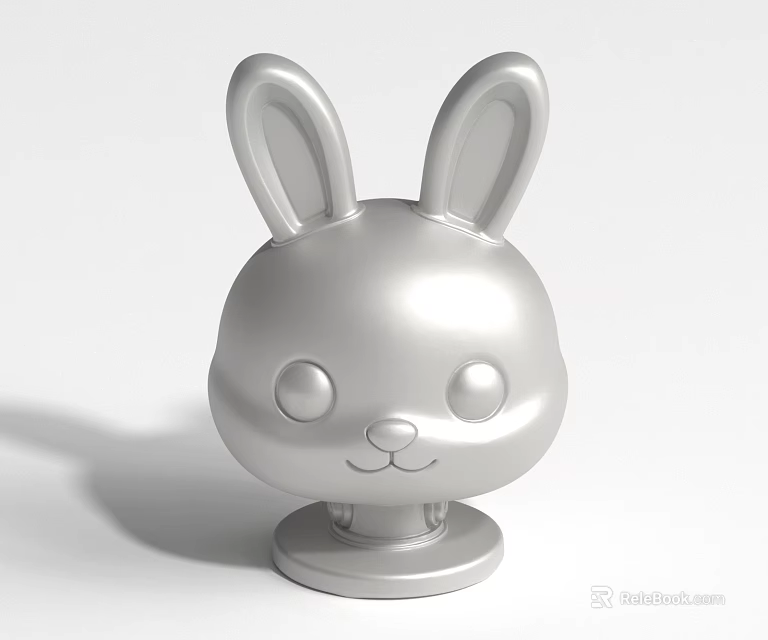 Cartoon Rabbit Head Figure With Shiny Silver Finish And Base Stand 3d model 