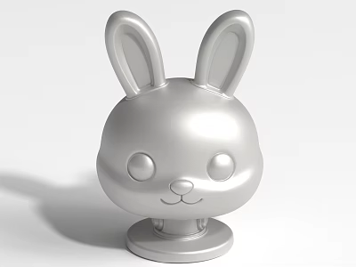 Cartoon Rabbit Head Figure With Shiny Silver Finish And Base Stand 3d model