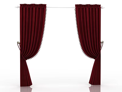 Burgundy Velvet Curtains with Tassel Trim Tied Back on Window Rod 3d model