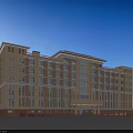 Classic Multi Story Office Building With Red Tile Roof Symmetric Window Design And Entrance Canopy