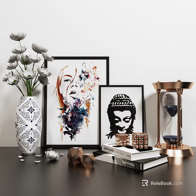Stylish Decorative Ornament Set Featuring Vase Paintings Hourglass Geometric Decor Books And Candles 3d model 