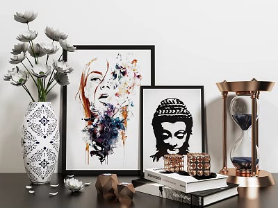 Stylish Decorative Ornament Set Featuring Vase Paintings Hourglass Geometric Decor Books And Candles 3d model