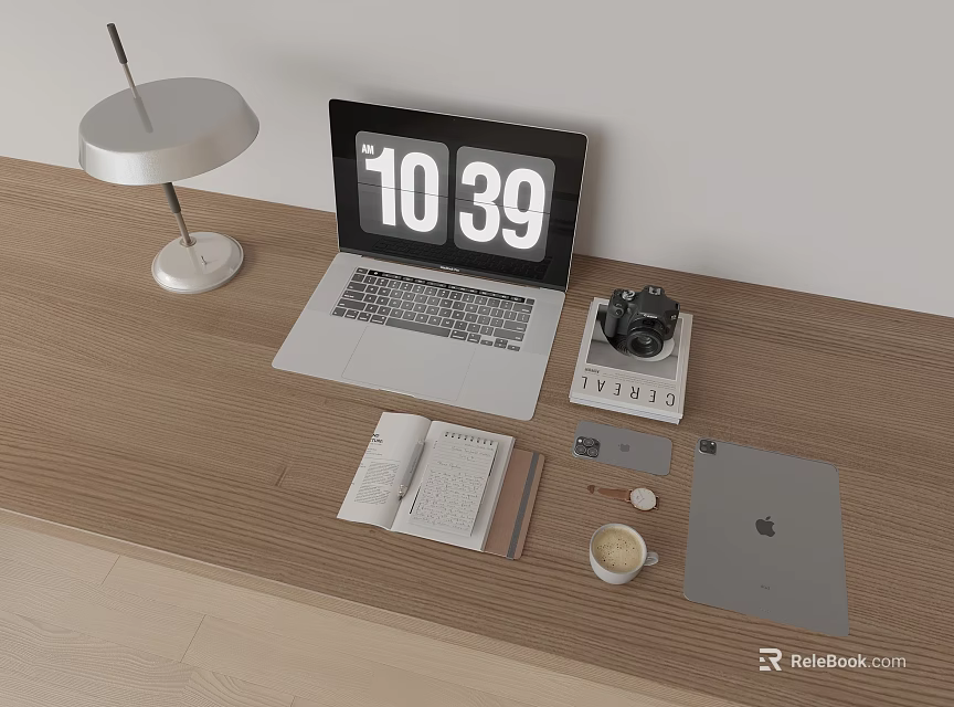 Modern Workspace Setup With Laptop Table Lamp Camera Open Book Coffee Cup And Tablet 3d model
