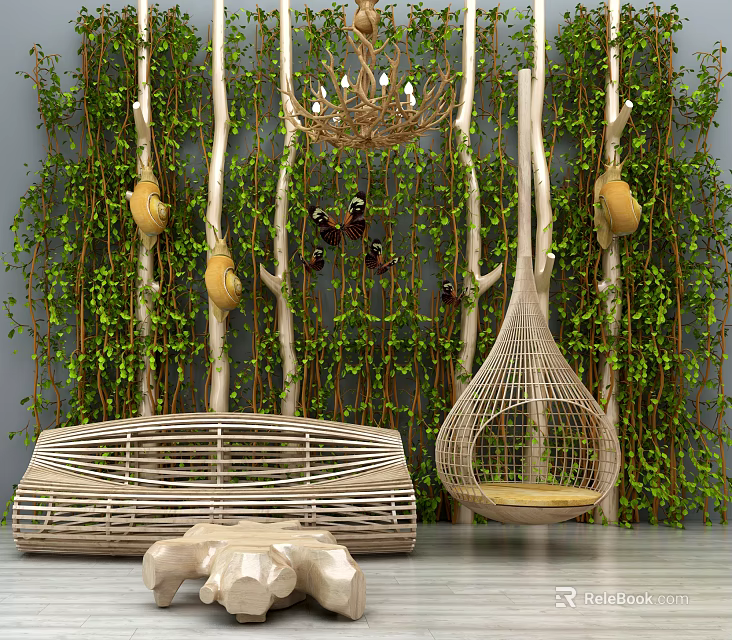 Rattan Outdoor Sofa With Green Plant Wall And Natural Branch Decor 3d model 