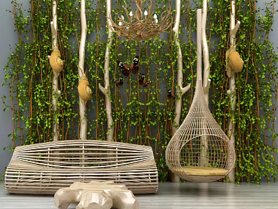 Rattan Outdoor Sofa With Green Plant Wall And Natural Branch Decor 3d model