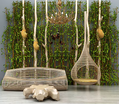 Rattan Outdoor Sofa With Green Plant Wall And Natural Branch Decor 3d model
