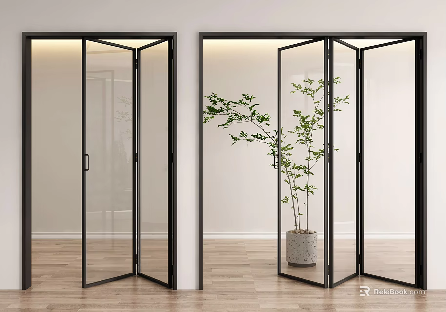 Modern Glass Folding Doors with Black Frames in Interior Space and Green Plant in Pot 3d model 