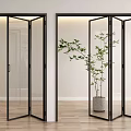 Modern Glass Folding Doors with Black Frames in Interior Space and Green Plant in Pot