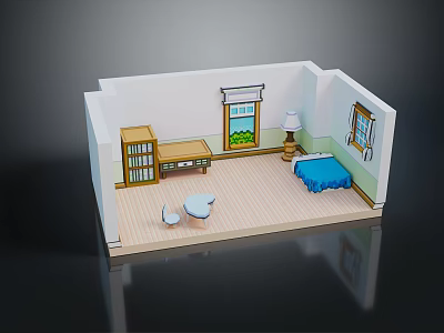 Cartoon Room Interior With Bookshelf Desk Lamp Bed Small Table And Chairs 3d model