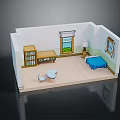 Cartoon Room Interior With Bookshelf Desk Lamp Bed Small Table And Chairs